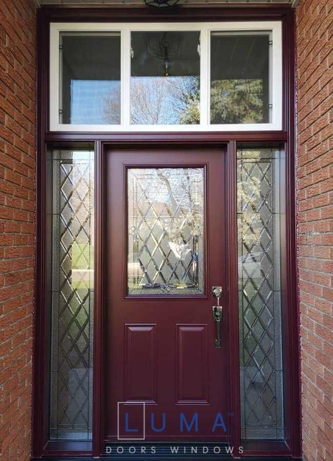 Steel Single door with 2 sidelites and transom, half size 22x36 cookstown glass design in door with matching direct set sidelite glass, painted burgundy colour exterior, operational vinyl sliding window in transom