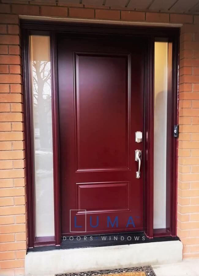 Steel Door System, solid 2 panel door slab, direct privacy glass sidelites, painted burgundy exterior, black sill, silver keypad lock