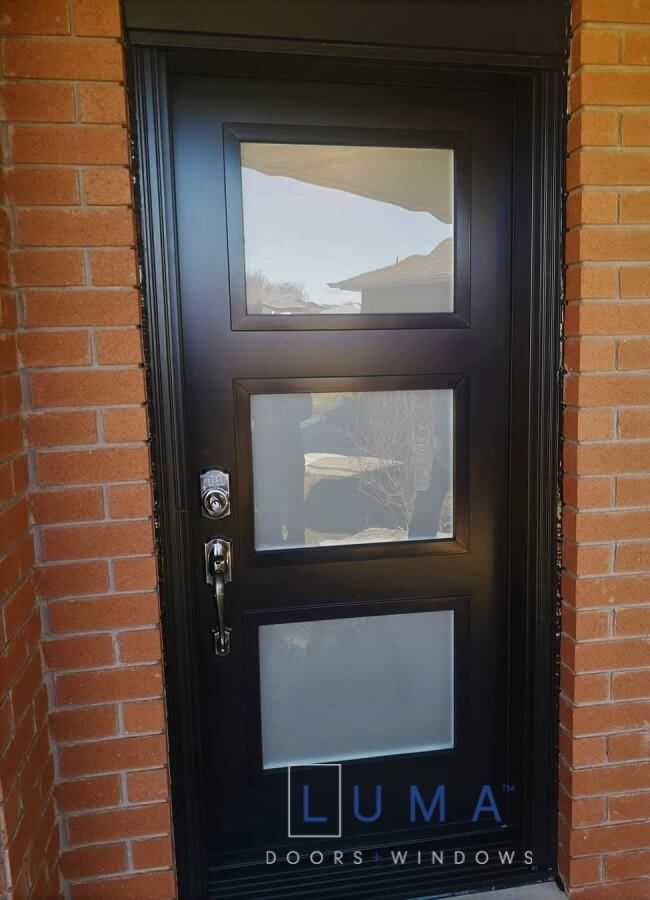 Modern Steel single door, 3 privacy glass design with flat frames, painted dark brown exterior, pewter colour keypad door lock