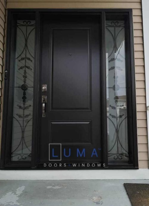 Steel Door system, Single solid 2 panel door slab, direct glass wought iron sidelites with full privacy backing, painted dark brown exterior, pewter colour lock set