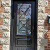 Single Steel door, painted dark brown exterior, 22x48 century wrought iron glass design with executive panel underneath glass, black door lock, black threshold