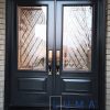 Double door steel system, 22x48 cookstown decorative glass design, executive panel, black threshold, painted iron ore exterior