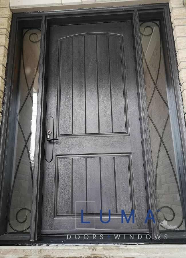 Fiberglass Door system, 42 inch door slab, mahogany slab, custom wrought iron direct sidelites, charcoal stain