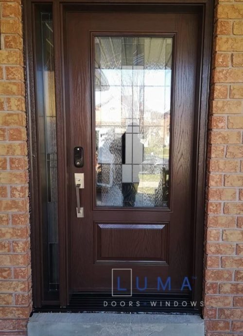 Fiberglass Door System_Single door with matching direct glass sidelite, 22x48 santa fe glass design, walnut stain in and out, black threshold