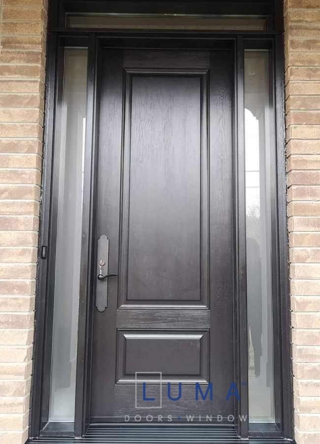 Fiberglass Door system_Single 8 foot tall 2 panel door slab, direct privacy glass sidelites and matching transom