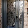 Steel Single door with sidelite, full wrought iron glass design with matching glass in sidelite, painted grey exterior