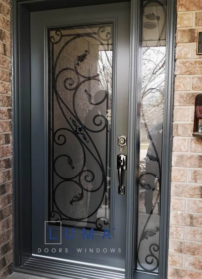 Steel Single door with sidelite, full wrought iron glass design with matching glass in sidelite, painted grey exterior