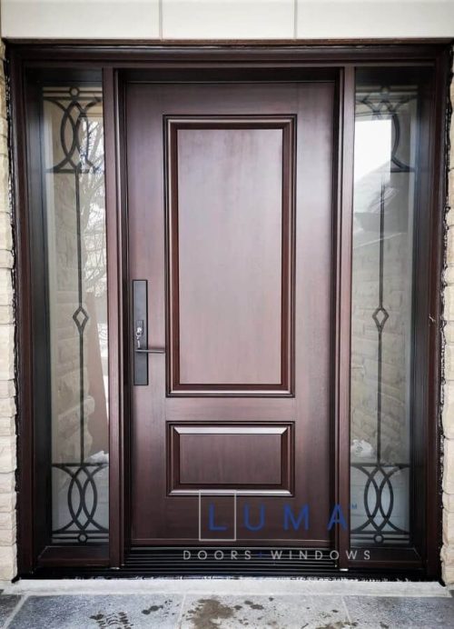 Fiberglass door system, solid mahogany grain 2 panel slab, wrought iron design sidelites, black multi point lock system, mahogany stain inside and out