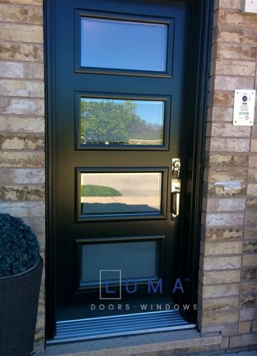 Modern Single steel door, 4 lite door design, clear border with sandblast center glass, painted black exterior, modern silver lock