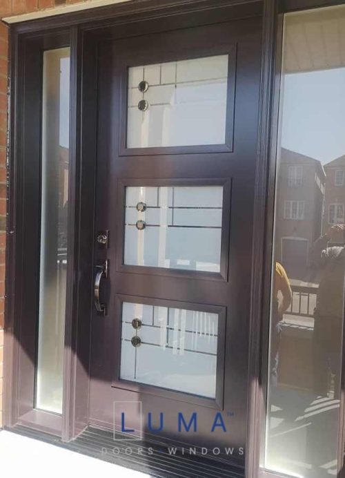 Modern Fiberglass Door System, 3 lite design in door slab, direct privacy glass sidelites, painted dark brown exterior
