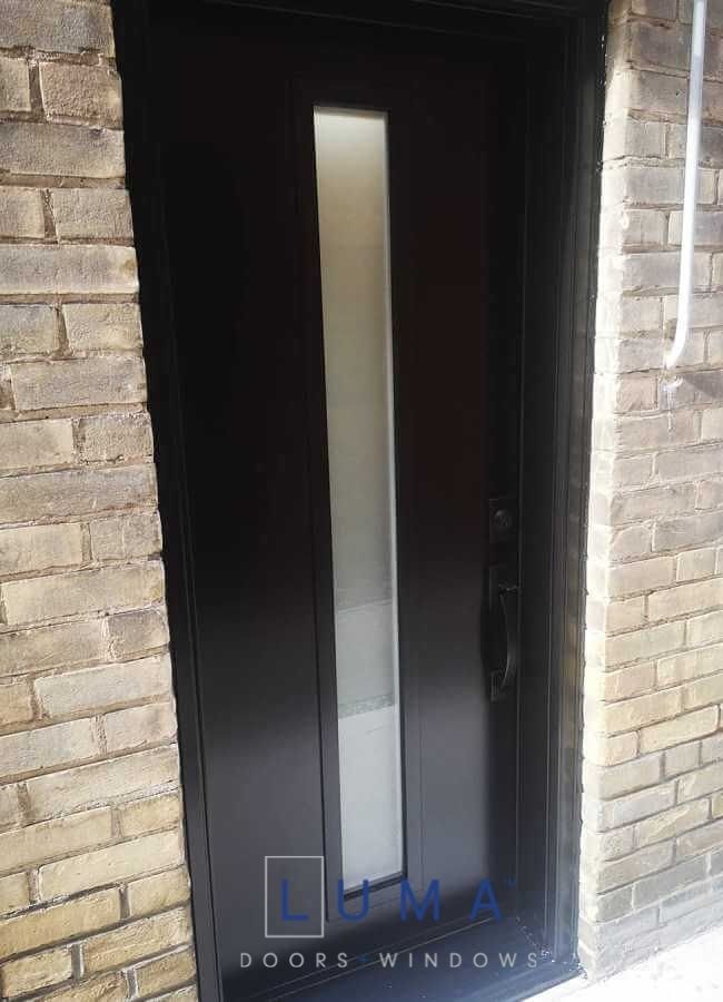 Modern Steel Door, centered narrow privacy glass design with modern flat glass frame, painted black exterior, black lock