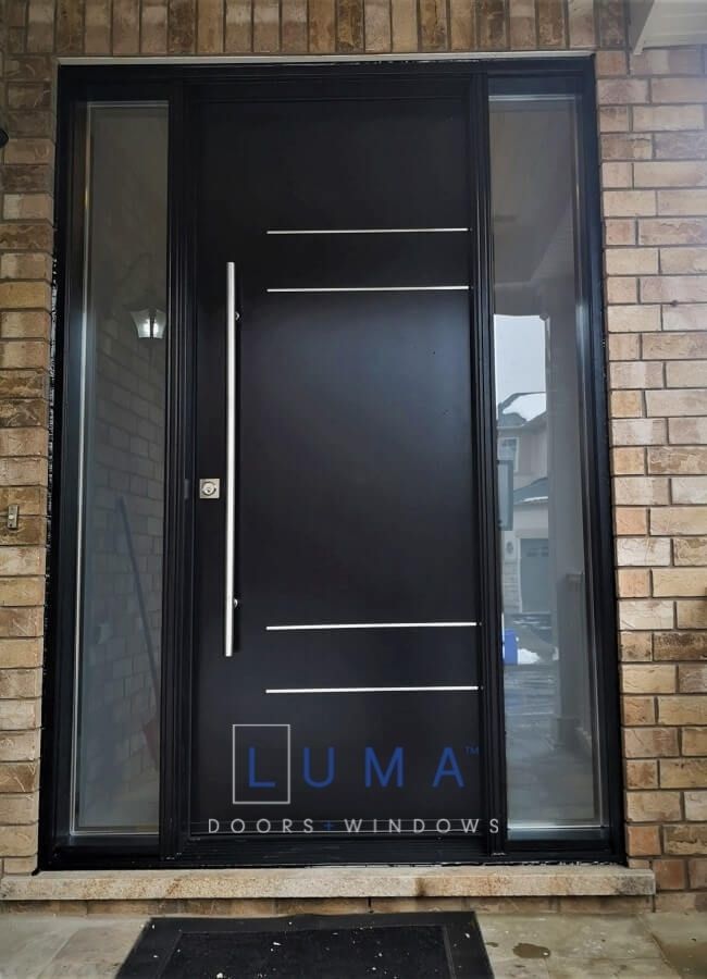 Modern Steel Door system, 8 foot tall system, 48 inch round silver pullbar, privacy glass sidelites, 4 line custom aluminum line design, painted black exterior