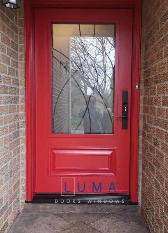 Red Steel Door with Iron Design Glass Insert ☑️ Steel Entry Door
