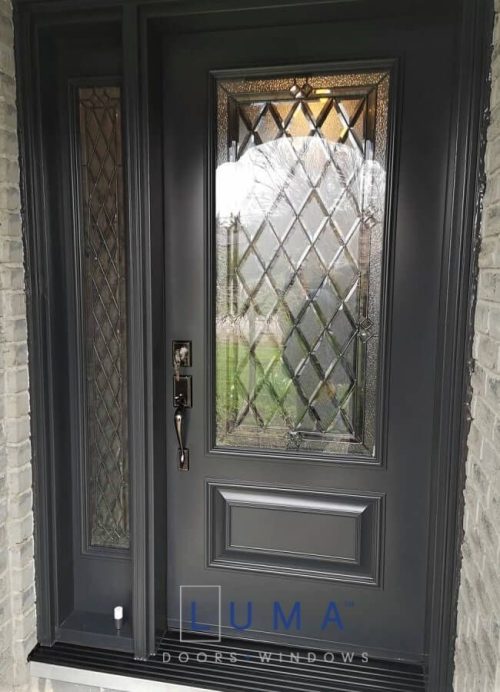 Steel Door system, Single door with panelled sidelite, 22x48 cookstown glass design with matching 764 sidelite glass, executive panel below glass, black threshold, painted iron ore exterior