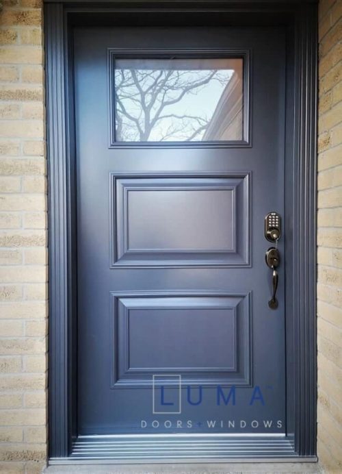 Steel single door, custom 42 inch wide door slab, custom executive panels with privacy top glass, painted slate grey exterior, silver threshold