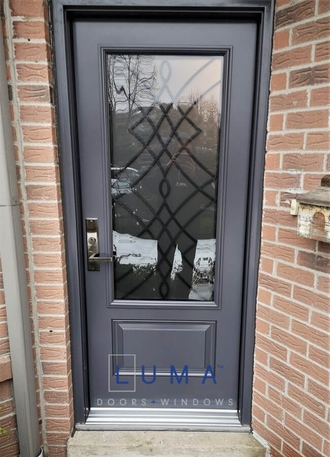 Steel Door, single door, 2 panel door slab with 2248 oakridge wrought iron glass design, painted slate gray exterior, silver sill, multi point lock system