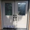 Steel Double Door, Novatech London style door slabs, half size 22x36 decorative glass, cookstown glass design, panited grey exterior