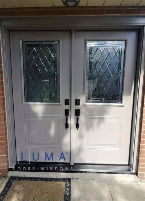 Steel Double Door, Novatech London style door slabs, half size 22x36 decorative glass, cookstown glass design, panited grey exterior