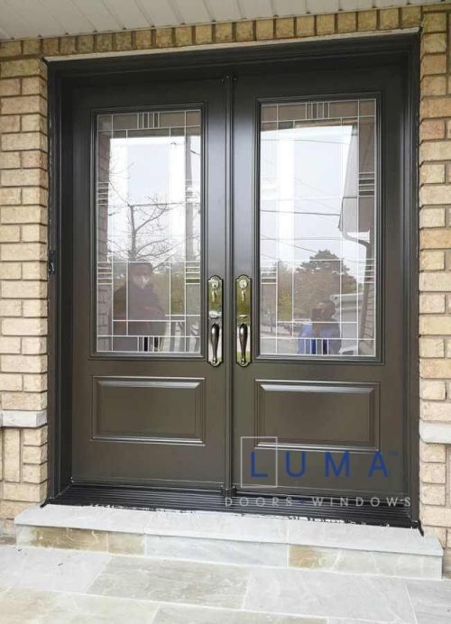 Steel Double Door system, 2 panel door slabs, Fusion 2248 Imola Glass design, black threshold, pewter colour door locks, painted commercial brown exterior