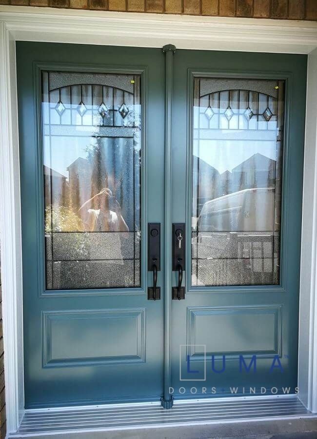 Steel double door, Novatech Orleans slab, 2248 Novatech Liano glass, white frame with ivy green painted door slabs