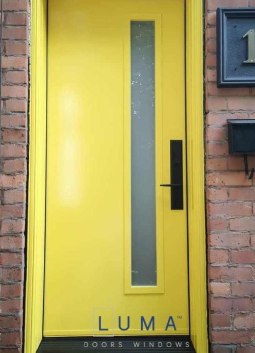 Modern Steel Single door, bright yellow painted exterior, narrow private offset glass with modern flat lite frame, black threshold, black multi point locking system