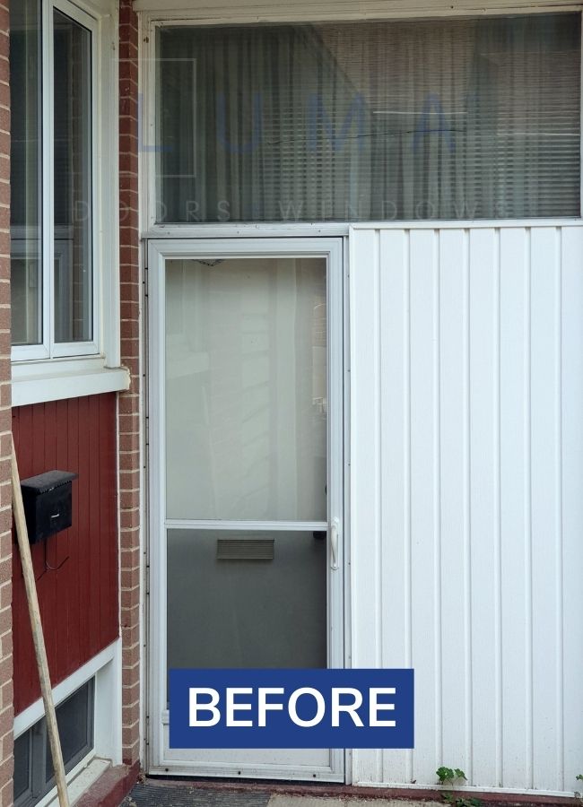 Single Grey Fiberglass Entry Door with Sidelites Installation in Ajax before