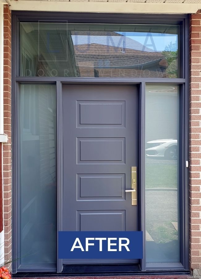 Single Grey Fiberglass Entry Door with Sidelites Installation in Ajax