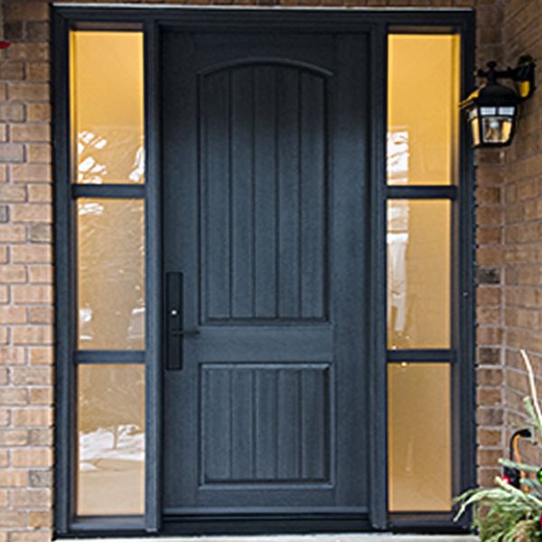 single charcoal entry door with sidelites installation in toronto
