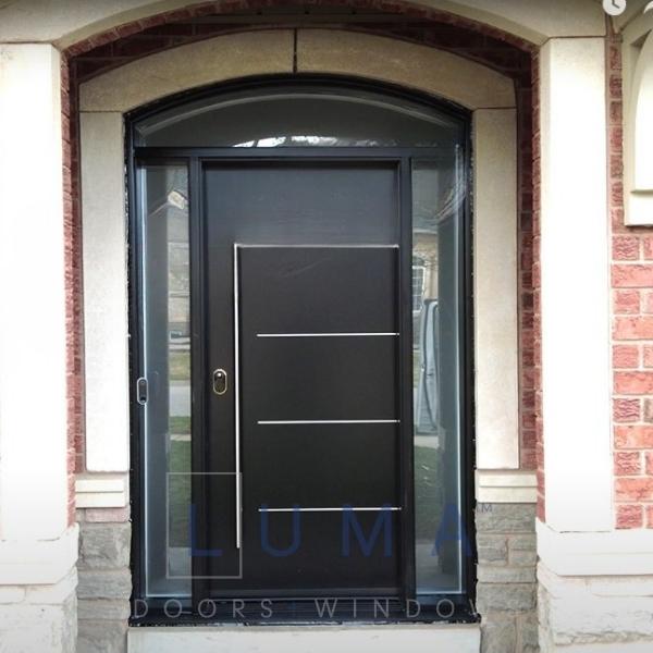 Single Black Steel Door with Sidelites and Transom | Luma Doors and Windows