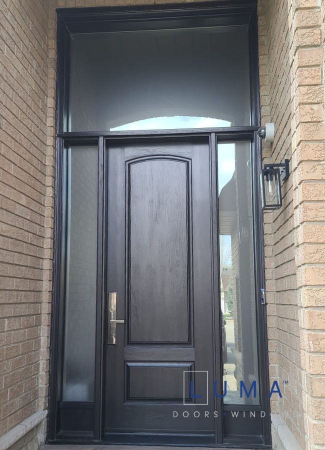 black door with sidelites and transom