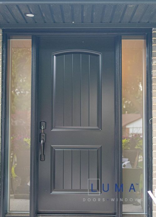 modern black door with twin sidelites