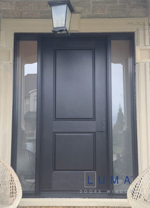 single black door with twin sidelites