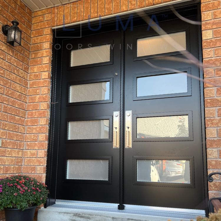 black steel double door with glass inserts