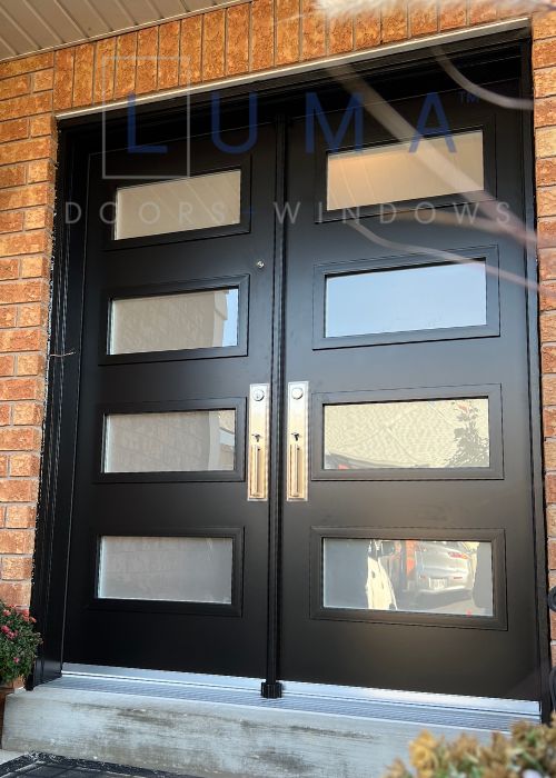 black steel double door with glass inserts