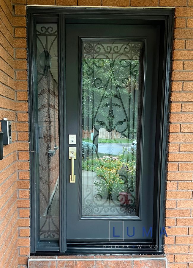 black traditional steel door with glass