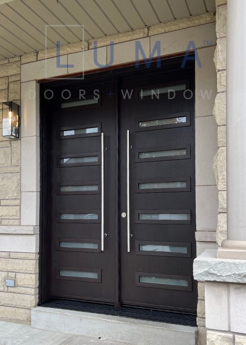 dark brown fiberglass door with glass inserts