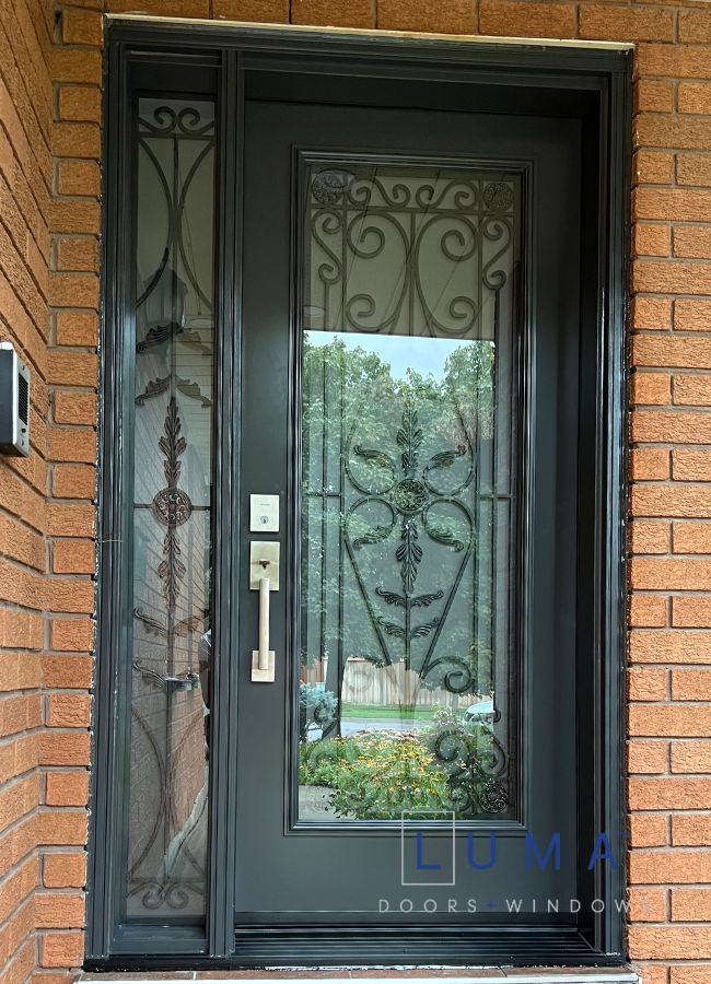 traditional steel door with detailed glass