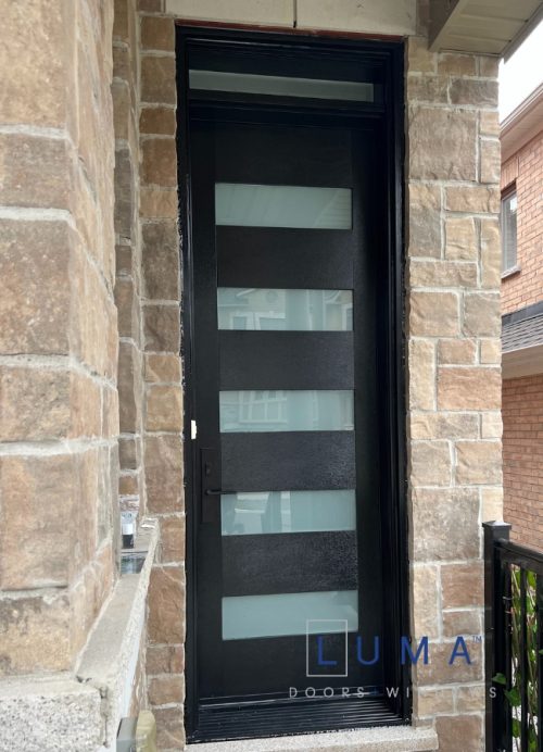 Black fiberglass entry door with multiple glass inserts
