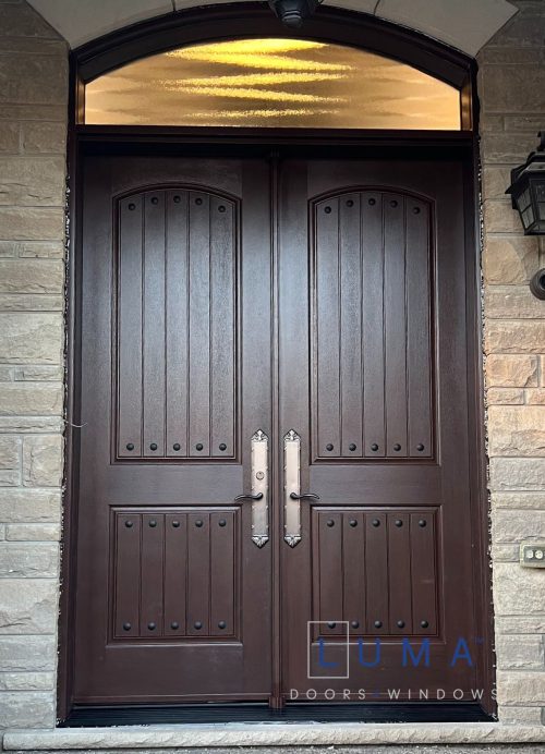 Brown fiberglass double door with transom