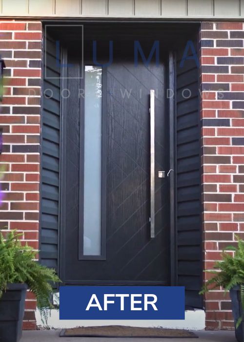 black fiberglass door with frosted glass insert installation