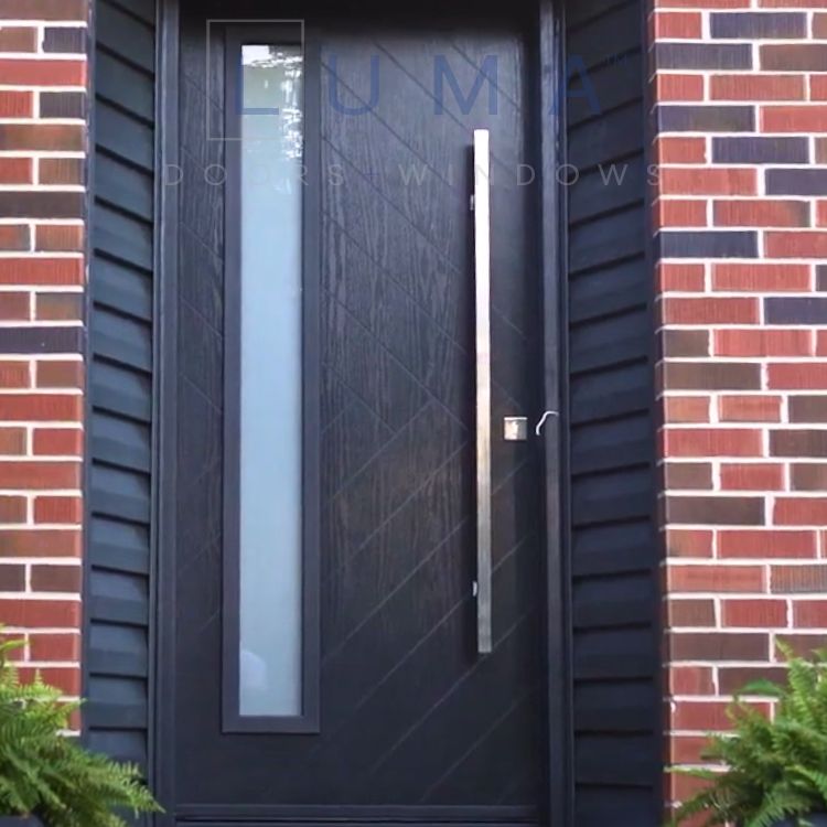 black fiberglass door with frosted glass insert