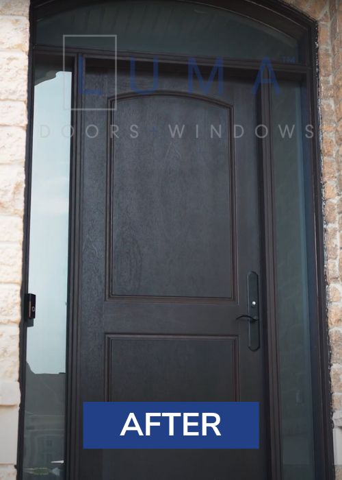 dark brown fiberglass door with frosted glass sidelites installation