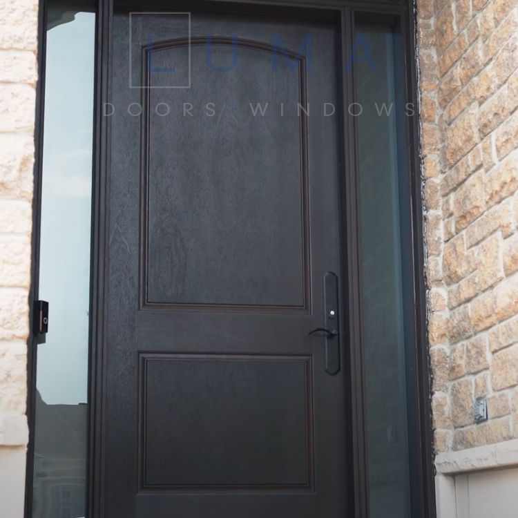 dark brown fiberglass door with frosted glass sidelites