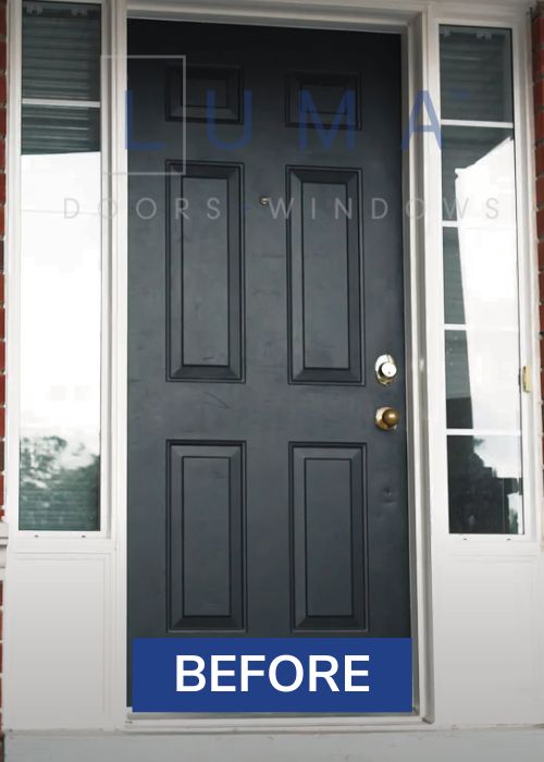 modern black front door with glass sidelites