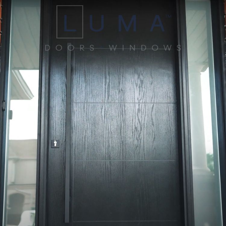 modern black front door with sidelites