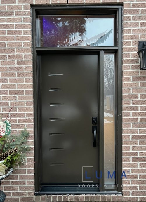 Green steel entry door with transom
