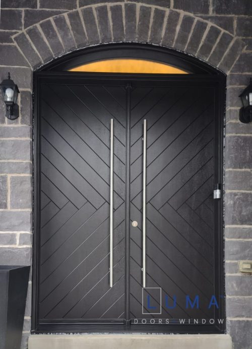 Fiberglass double entry door with arch transom