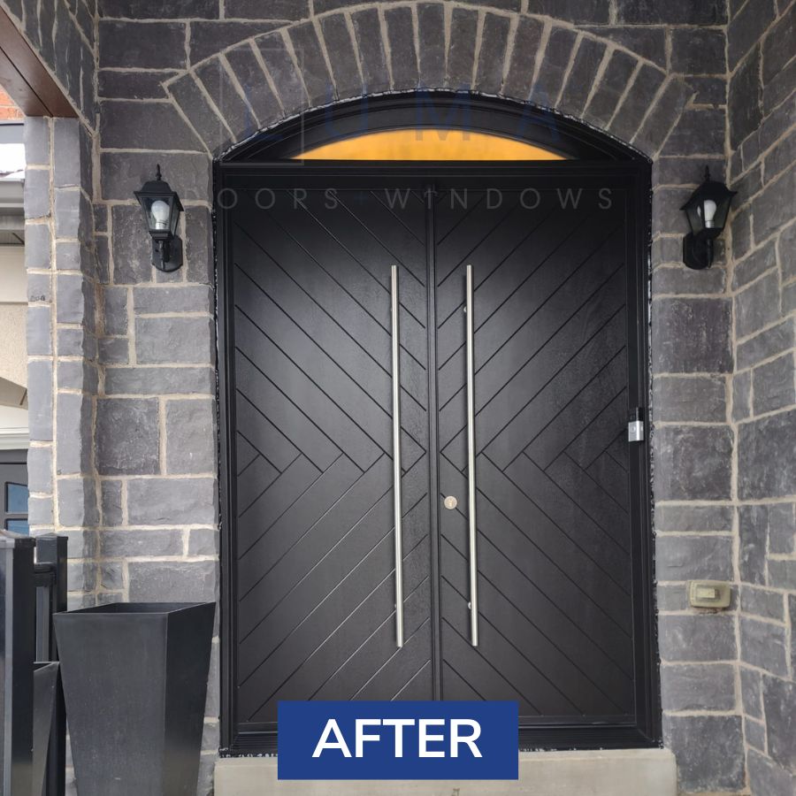 Black fiberglass door with iron sidelites