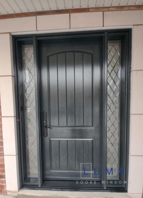 elegant fiberglass entry door with decorative glass