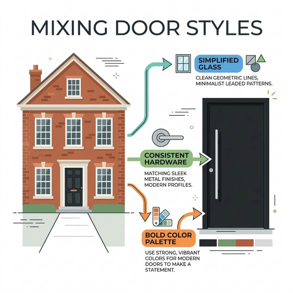 An infographic explaining how to mix modern doors with traditional home architecture.